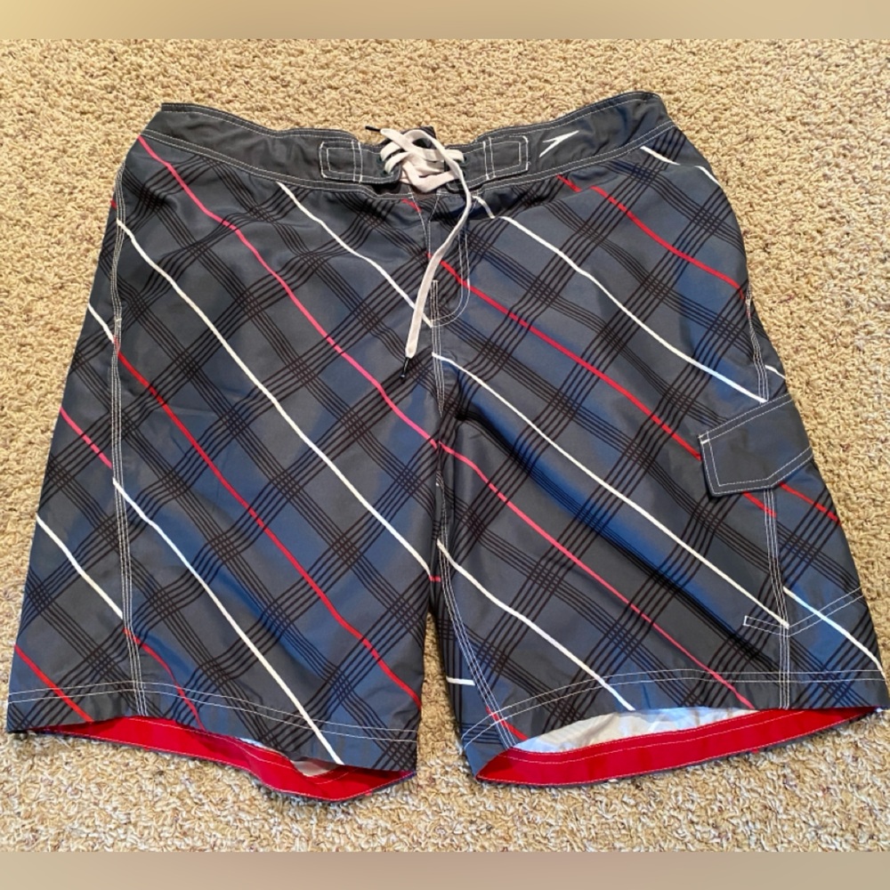 Men's Plaid Swim Shorts - Black, Red, White